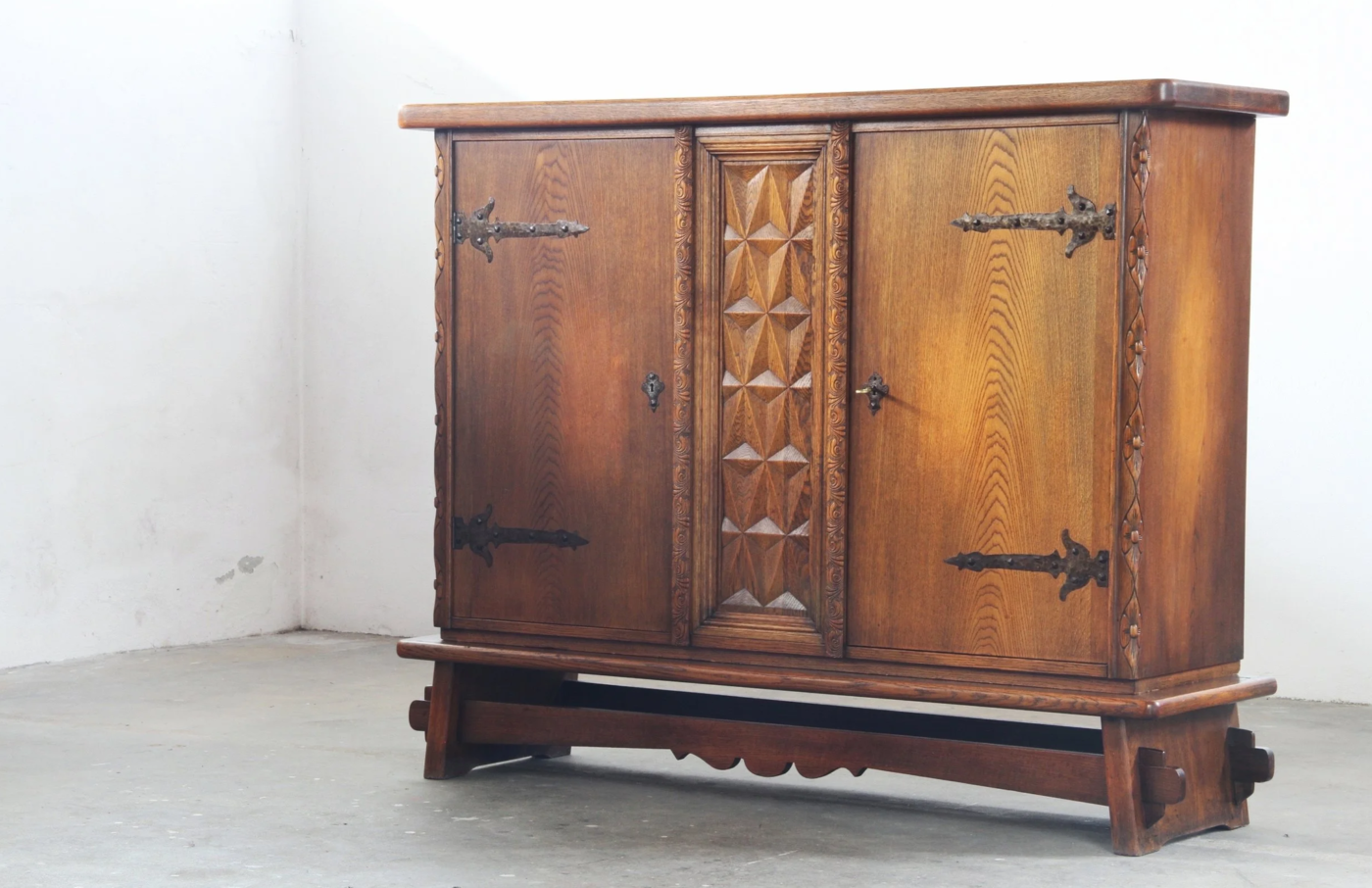 Vintage Danish Baroque Brutalist Style Oak Cabinet 1960s